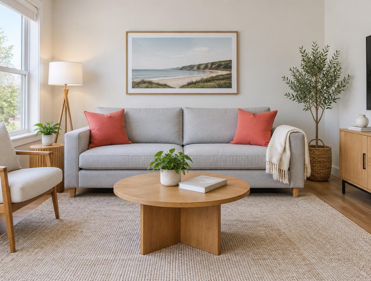 Bright living room arranged to the host's standard